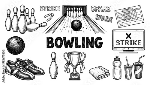 Bowling equipment doodle set with ball pin shoe and trophy