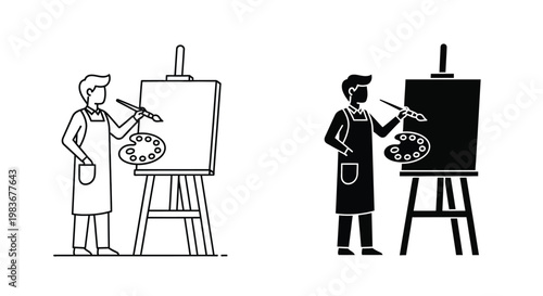 A minimalist depiction shows an artist with a palette and brush before an easel contrasted with its stark silhouette high quality professional detailed modern