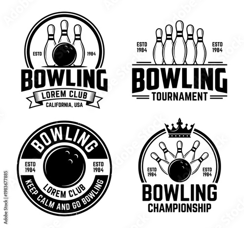 Bowling club championship logo set with ball skittles and crown