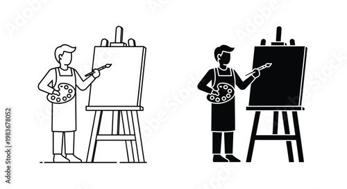 A comparative depiction of an artist painting shown in both a colored line drawing and a stark black silhouette high quality professional detailed modern