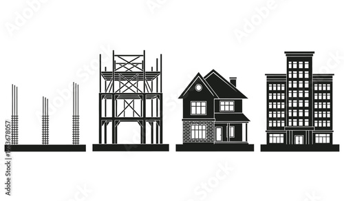This graphic illustrates a progression of building construction stages from foundational supports to completed structures in silhouette high quality professional detailed modern elegant stylish
