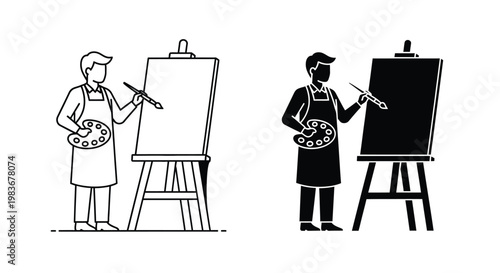 A graphic depiction showcases an artist painting at an easel presented in both outlined and solid silhouette forms capturing creative expression high quality professional
