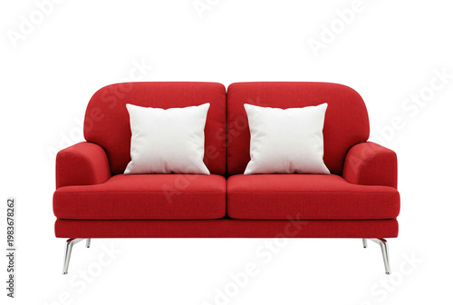 Konstfotografi Red fabric sofa with white cushions isolated