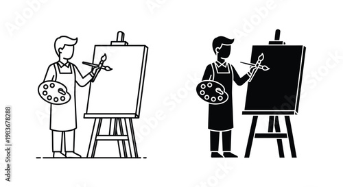 A side by side comparison illustrates an artist painting at an easel showcasing both a line drawing and a striking silhouette high quality professional