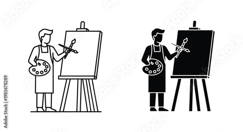 This image depicts two versions of an artist painting at an easel one with full color and the other as a stark silhouette
