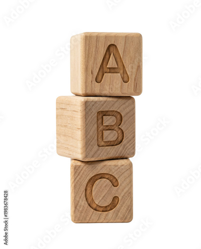 Wooden alphabet blocks stack isolated. Preschool toy mockup.