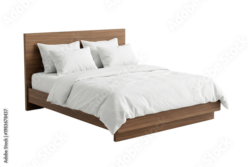 Konstfotografi Modern wooden bed with white linens isolated