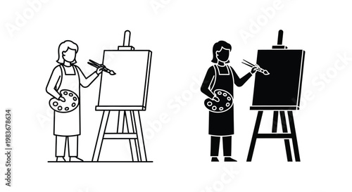 A pair of contrasting depictions showcases an artist standing before an easel palette in hand captured as a striking silhouette high quality professional detailed