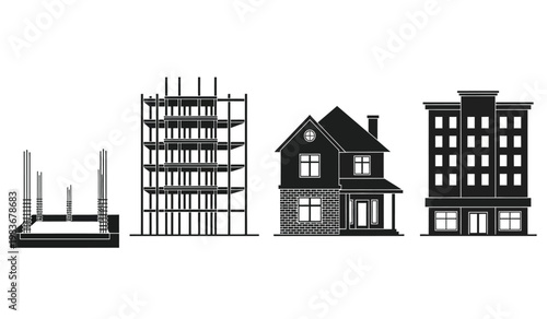 A progression of architectural construction is visually represented showcasing stages from foundation to completed buildings in silhouette high quality professional detailed modern elegant stylish