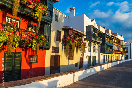 The Colorful Balconies of Avenida Maritima in Santa Cruz de la Palma, Canary islands, Spain. Traditional colonial architecture of Canary islands