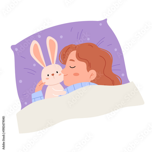 Cute girl sleeping with bunny toy, cozy bedtime scene, pastel Scandinavian minimal illustration, comfort, calm night and childhood sleep routine concept.