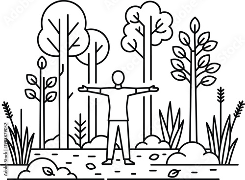 Celebrating world environment day a man embraces nature in a minimalist forest illustration for conservation