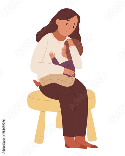Mother comforting crying child, gentle parenting and emotional support, pastel Scandinavian minimal illustration, care, empathy and family bonding concept.