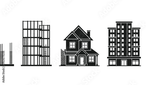 A series of black building structures are depicted ranging from skeletal framework to completed designs showing progression and growth silhouette high quality professional detailed