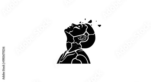 A black silhouette of a person's head with a shattered effect and hearts.