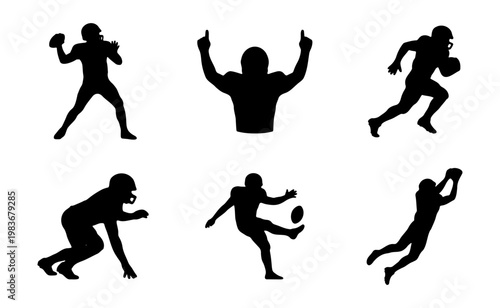 American football player silhouettes, 6 athlete action poses, sports vector set
