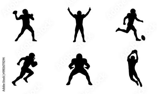 American football player silhouettes, 6 athlete poses, black sports vector icons