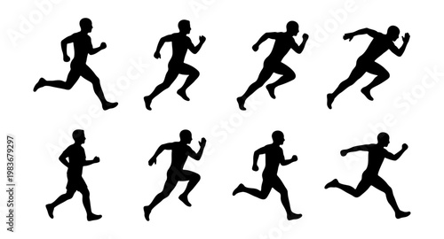Running man silhouette collection, 8 athlete sprinting poses, male runner vector set