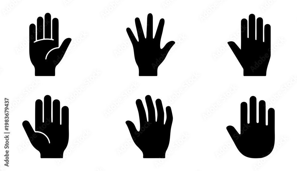 Fototapeta premium Black hand icons set, 6 human palm silhouettes, flat vector hand gestures for UI design