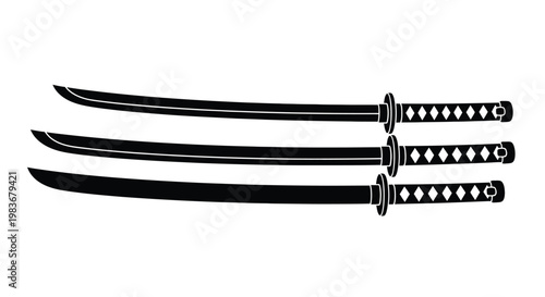 This image displays a trio of traditional japanese katanas presented in a stark black silhouette emphasizing their elegant forms high quality professional detailed modern