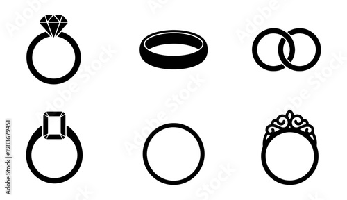 Wedding ring icon set, diamond engagement rings, 6 black vector jewelry silhouettes