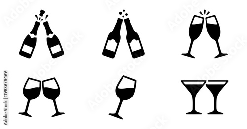 Champagne and wine glass icons, celebration drink symbols, 6 black vector elements