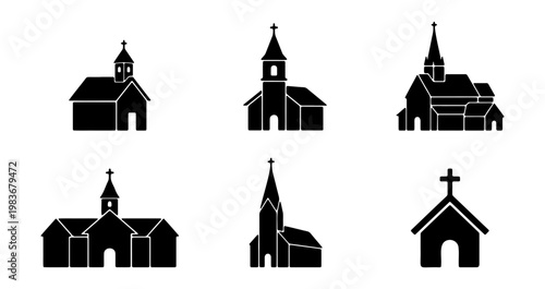 Church silhouette icons set, 6 religious building vectors, black chapel steeple symbols