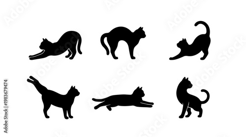 Black cat silhouettes set, 6 feline animal vector icons, stretching and sitting cats