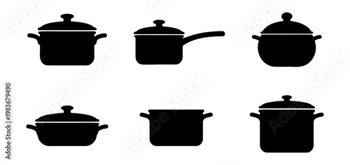 Cooking pot silhouette set, 6 kitchen cookware icons, black saucepan and stewpot vectors