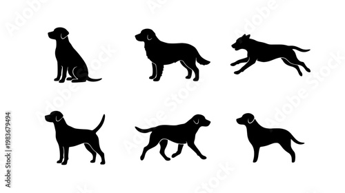 Labrador retriever silhouettes, 6 dog poses vector set, black canine pet icons for logo