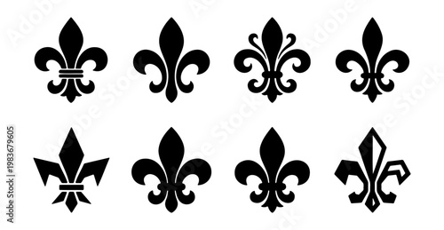 Vintage fleur de lis icons, 8 black heraldic lily symbols, royal floral vector set