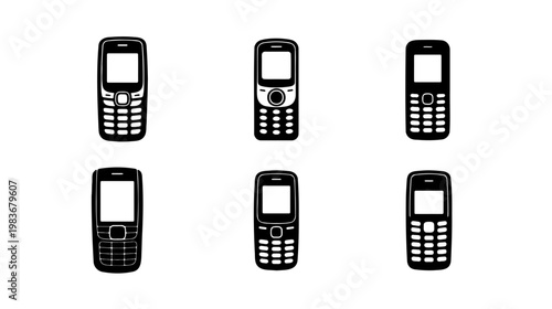 Retro mobile phone icons, vintage cellular telephone set, 6 classic keypad phone vectors