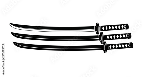 This striking image showcases three traditional japanese katanas arranged diagonally against a plain white background presented as a silhouette high quality professional detailed modern