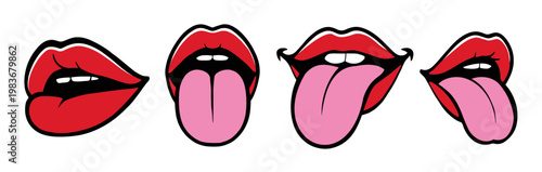 Stylized lips with tongue sticking out in playful expressive pop art design. Lips pop art open mouth icons