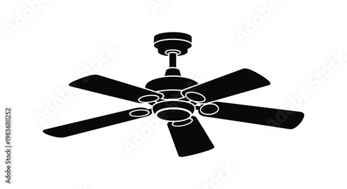 A stark black silhouette of a five blade ceiling fan is presented against a white background showcasing simple design elements silhouette high quality professional