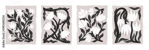 Scandinavian Folk Wildflowers in Linocut Style.Bold Black and White Botanical Prints with Ornamental Flowing Leaves.Dark Romantic Vintage Flower Illustrations with Subtle Gothic Aesthetic.