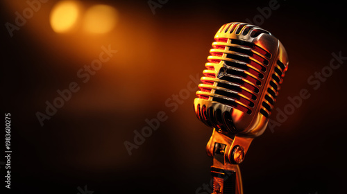Vintage microphone on stage with golden spotlight. Old audio equipment for musical performance. Concert sound technology and broadcasting device for singer, speaker or host on event night.