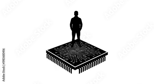 Man standing on a computer chip.