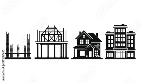 This black and white illustration depicts the progressive stages of building construction from initial framework to completed house silhouette high quality professional detailed modern