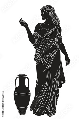 Ancient Greek woman goddess in tunic with a jug for wine and water. Figure isolated on white background