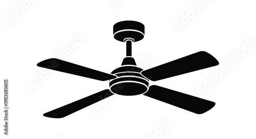 A stark black and white depiction of a modern ceiling fan with four blades presented as a graphic outline silhouette high quality professional detailed