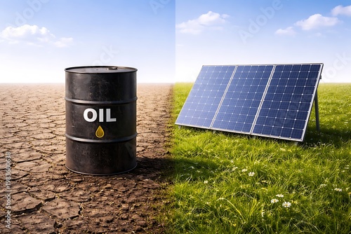 Solar panel and oil barrel represent renewable energy versus fossil fuels