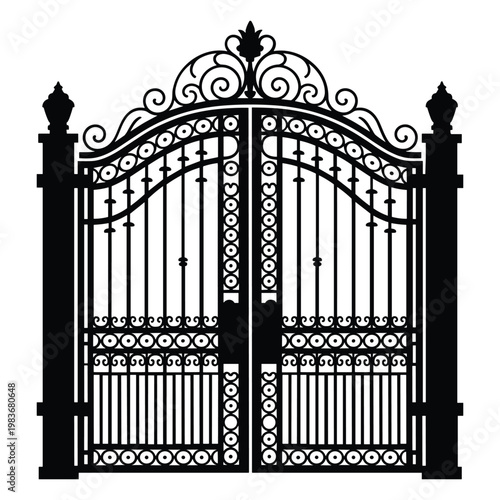 Intricate wrought iron gate with ornate design and floral details isolated on white background, Vector