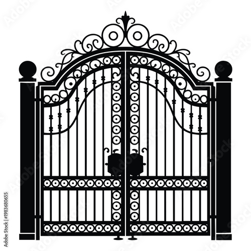 Elegant wrought iron gate with intricate scrollwork design isolated on white background, Vector