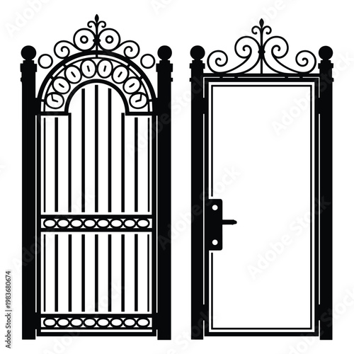 Black and white illustration of ornate iron gates with intricate designs isolated on white background, Vector