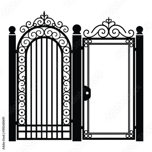 Elegant wrought iron gate with ornate scrollwork and finials isolated on white background, Vector