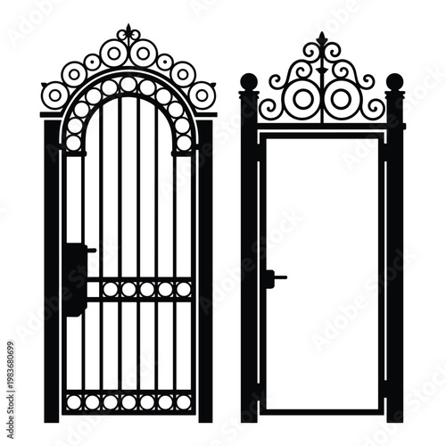 Traditional gothic architectural windows with ornate ironwork design isolated on white background, Vector