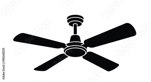 A striking black silhouette of a classic ceiling fan with five blades is prominently displayed against a white background silhouette high quality professional detailed