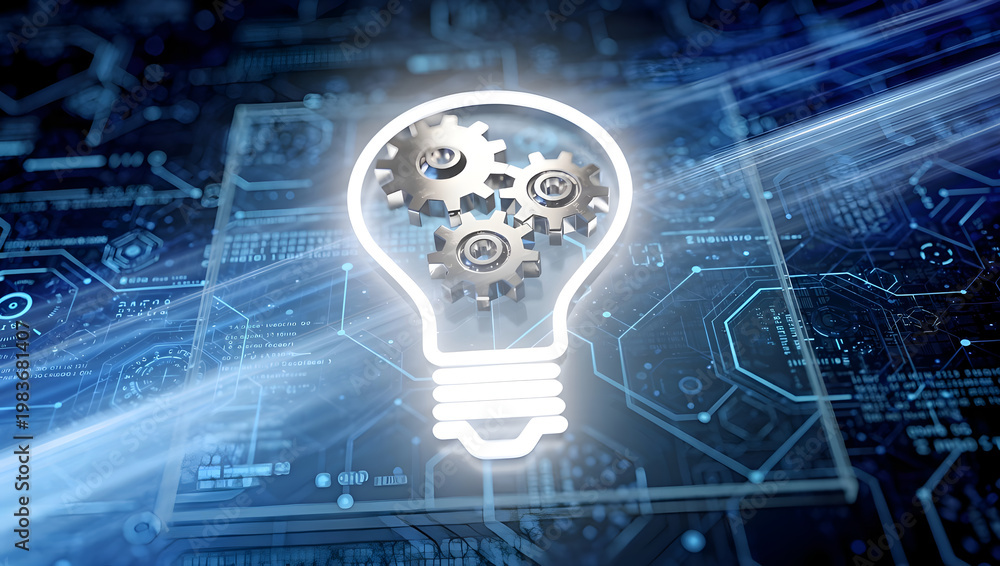 Fototapeta premium Creative innovation concept with glowing lightbulb and gears on digital interface, idea generation, problem solving, engineering process and advanced technology background