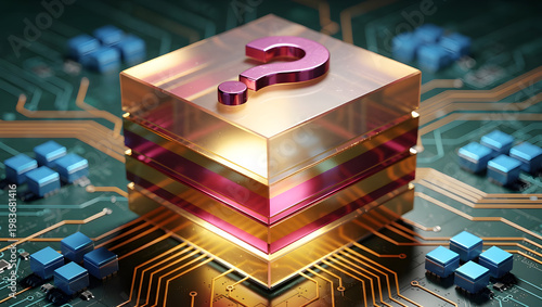 Abstract data mystery concept with question mark on layered digital storage blocks, information security, unknown data analysis and futuristic technology background